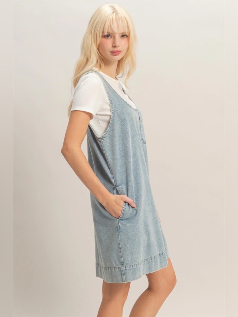 NEW Double Zero Light Blue Denim Cotton Shift Mini Dress Sleeveless Size Small - Picture 5 of 6
